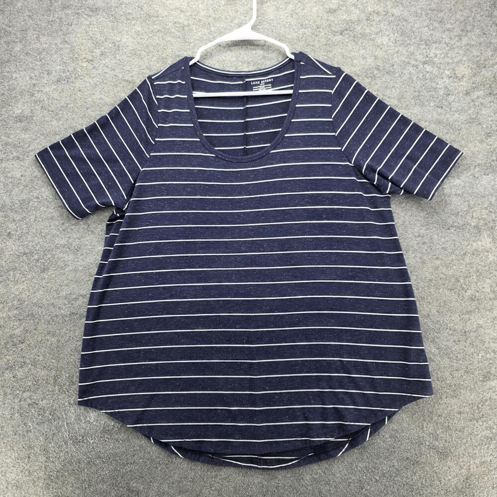 Lane Bryant Shirt Womens 14/16 Navy Blue White Striped Short Sleeve Plus Stretch